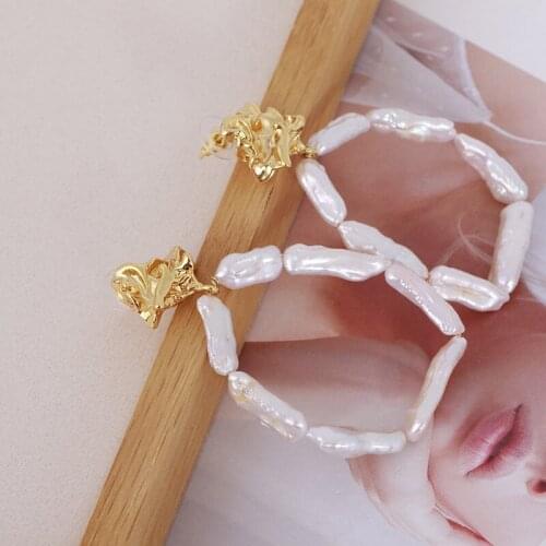 Baroque long natural pearl earrings hoop with real gold plated stud fashion jewelry