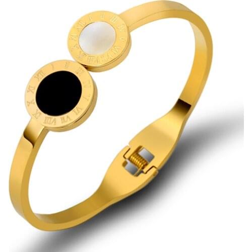 Double Round Circles Open Cuff Bracelets Roman Numeral Bangles For Women Black White Shell Bracelet Luxury Trendy Jewelry Gift