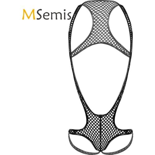 Gay Mens Erotic Lingerie Singlet Bodysuit Patent Leather Fishnet Club Dance Performance Sexy Costume Edges Hollow Out Sleepwear