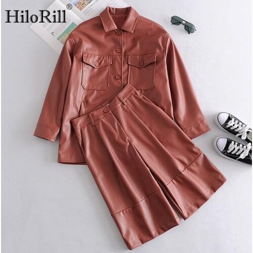HiloRill Solid Pu Leather 2 Piece Set Women Long Sleeve High Street Shirt Jacket Loose Straight Pleated Half Pants Sets Outfits