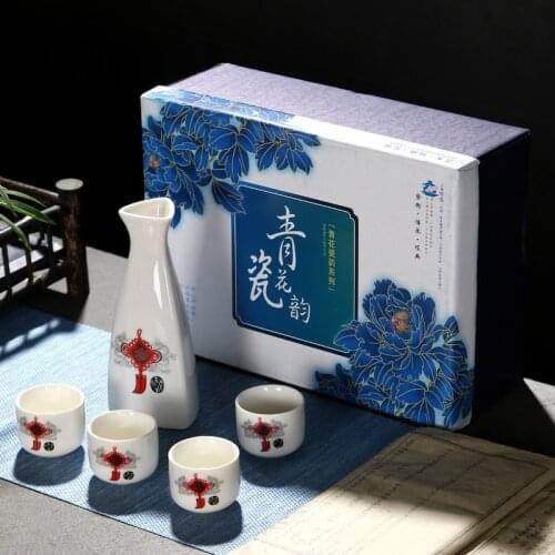 China Ceramics Japanese-style Wine Set Suit 1 Pot 4 Cups Flagon Wine Glass Wine Separator Liquor White Porcelain Gift Bar Sets