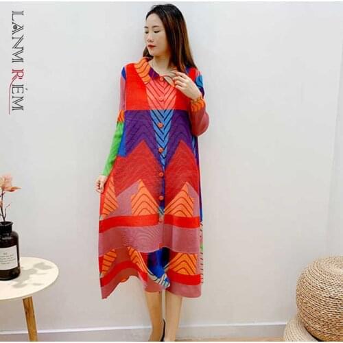 LANMREM 2021 Autumn Turn Down Collar Loose Multi Color Print Fashion Single-breasted Casual Long-sleeved Dress For Women 2A2007