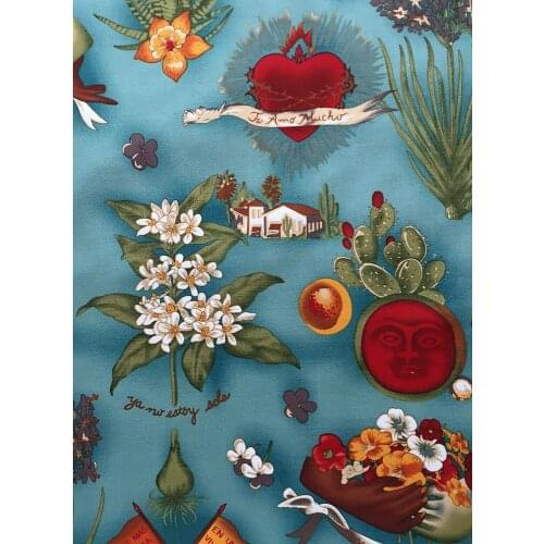 LEO&LIN Vintage Rock Printed Poplin Blue Green Frame Patchwork Cotton Fabric Tissus 50cm