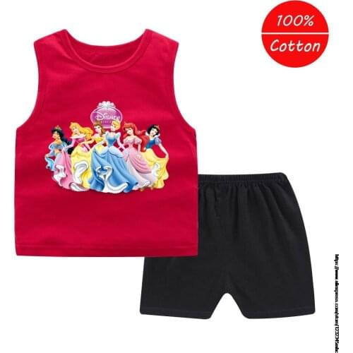 Disney Princess summer new childrens clothing girls fashion sports cartoon sleeveless T-shirt + shorts cotton clothing