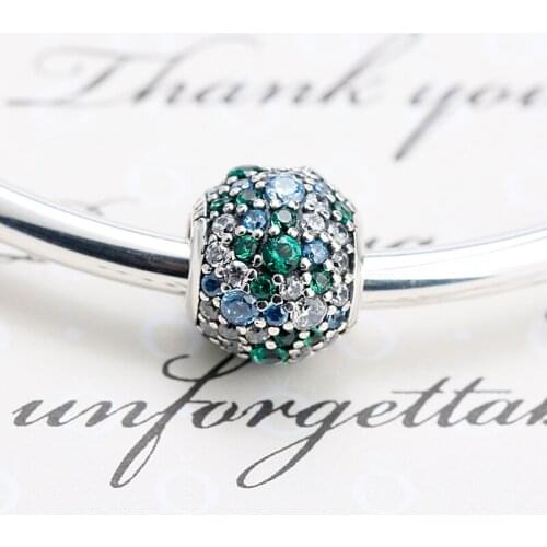 Fashion Real 925 Silver Beads Ocean Mosaic Pave Charm Mixed Green CZ & Green Crystal Fits Bracelet Necklace