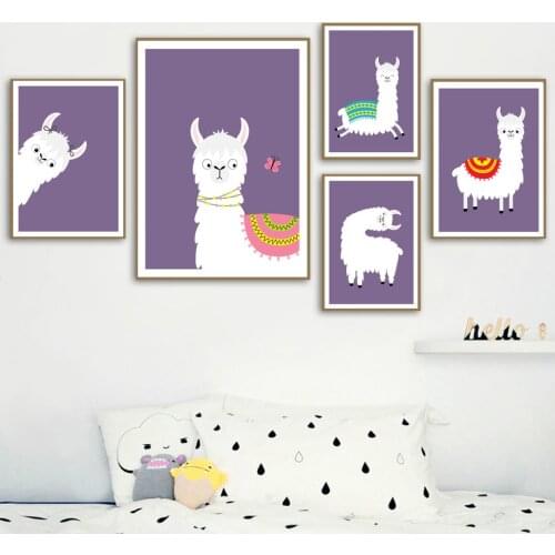 Cartoon Cute Alpaca Poster Purple Background Prints Nordic Wall Art Canvas Painting Wall Pictures Baby Room Nursery Home Decor