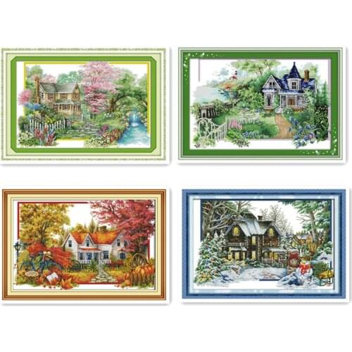 Spring summer autumn winter scenery, suburban hut beautiful scenery cross stitch kit manual embroidery decorative painting