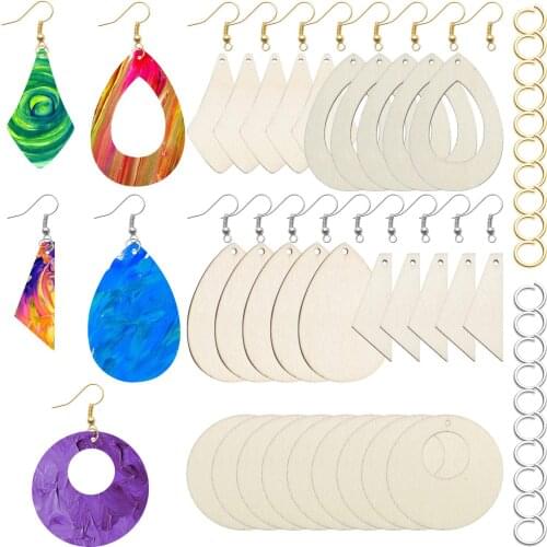 50 Pcs Unfinished Wood Earring Blanks Dangle Earrings Wood Charms with 60 Earring Hooks and 60 Jump Rings for Earrings Jewelry