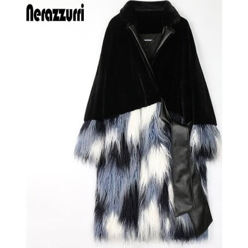 Nerazzurri Winter long warm soft fluffy oversized warp faux fur coat women 2020 runway designer patchwork fur jackets for women