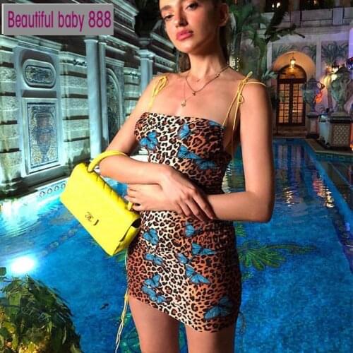 Meqeiss New Women Sexy Dress Leopard Butterfly Print Fashion Femme Shoulder Strap Stretched Off Shoulder Package Hip Dress