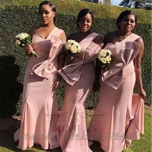 Peach African Bridesmaid Dresses 2021 Plus Size Mermaid One Shoulder Elastic Satin Bridesmaid Dress for Women Wedding