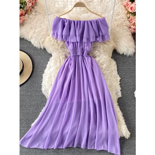 Yellow/Purple/White Chiffon Dress Women Sexy Slash Neck Ruffle Robe Elegant Ruffle High Waist Vestidos Female Beach Vacation New