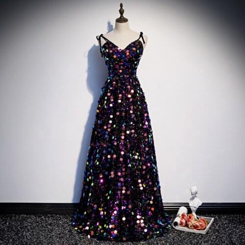 Sequins Evening Dress V-Neck A-line Floor-length Bow Spaghetti Strap Lace Sexy Bling Plus size Party Formal Dresses Woman R1460