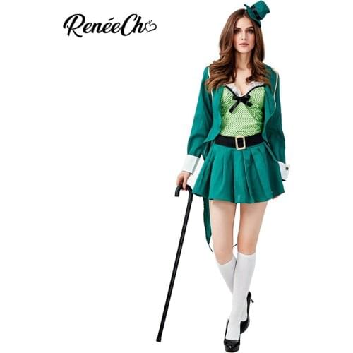 Reneecho Women Lucky Leprechaun Costume Sexy Lady Saint Patrick Costumes Green ST. Patrick`s Day Cosplay Halloween Adult Costume