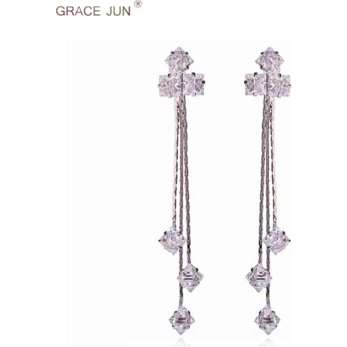 GRACE JUN High-grade Long Tassel CZ Clip on Earrings No Pierced for Women Charm Bridesmaid Wedding Cubic Zircon No Hole Earrings