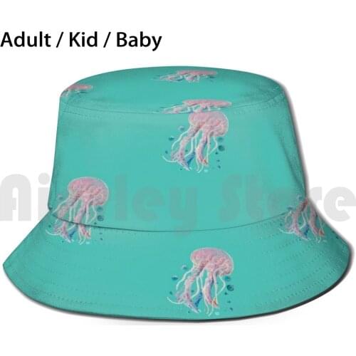 Jellyfish Sun Hat Foldable UV Protection Jellyfish Jelly Fish Bubbles Swimming Ocean Aqua Turquoise Realistic Pink