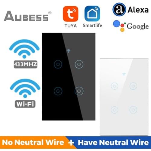Tuya Smart Wifi Smart Wall Switch US Switch No Neutral 1 2 3 4 Gang 100-240V Smart Home Works With Alexa Google Home Smart Life
