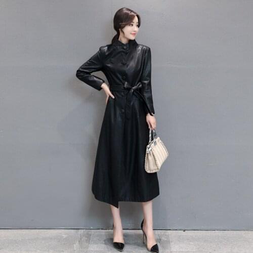 Women Long Leather Jacket 2018 New Street Fashion Ladies Elegant Solid Washed PU Leather Coats Trench Female Outwear With Belted