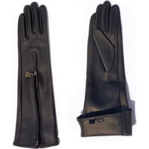 Women 35cm(13.8") mid invisible zipper real leather double leather lined gloves