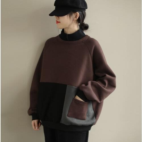 Women Plus Velvet Korean Style Loose Thin Half High Neck Ladies Stitching Art Style Casual Thickening Top Autumn Winter Top crop