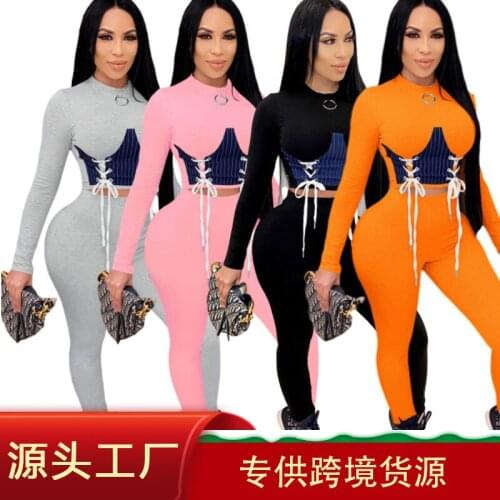 New sportswear suit for women with navel-crop jogger contrasting color temperament fashion knitwear fitness two-piece sportswear