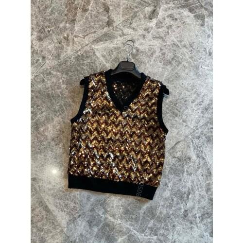 Womens 2021 spring new waistcoat yarn black water ripple bead versatile vest