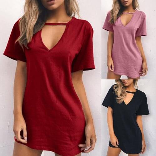 Hot Fashion Women Solid Color Sexy V Neck Short Sleeve Casual Loose T-shirt Dress Polyester Spandex Womens Dress Size S-3XL