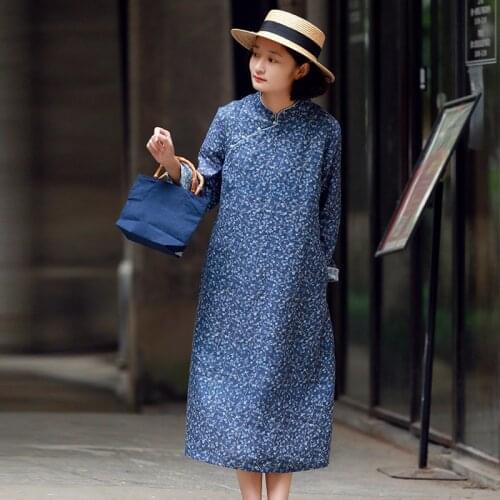 Women Autumn Printed Linen Dress Ladies Double Layer Print Dresses Female 2020 Loose Dress