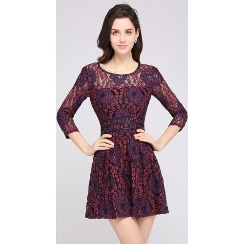 In Stock Girl Dress O Neck Short Evening Dress Elegant Lace Party Formal Dress Long Sleeves Pleated Fold Women Prom Gown