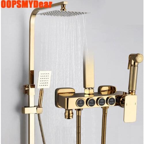 Gold Digital Shower Set Bathroom Smart Thermostatic Shower System Wall Mount Square Head Golden Bath Faucet SPA Rainfall Grifos