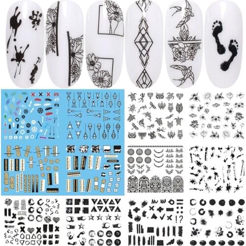 12 Designs Nail Stickers Set Mixed Floral Geometric Nail Art Water Transfer Decals Sliders Flower Leaves Manicures Decoration