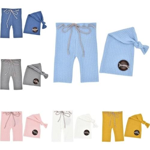 28EC 2 Pcs Newborn Photography Props Clothing Baby Pants Long Tail Knot Hat Set Knitted Trousers Beanies Kit for Infants