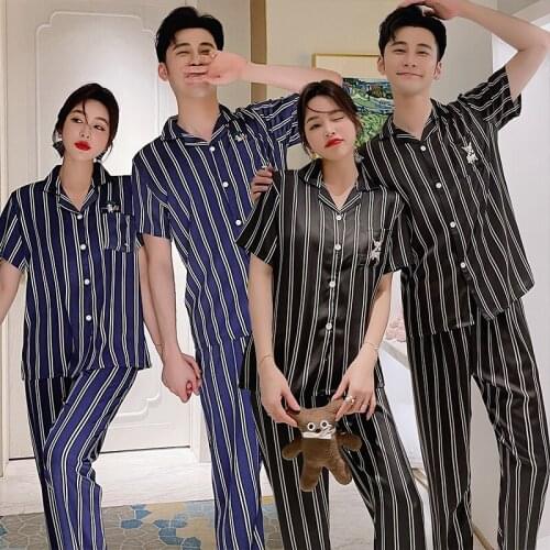 2021 Summer Couple Short Sleeve Long Pants Silk Satin Pajama Sets for Women Casual Striped Sleepwear Pyjama Men Homewear Clothes
