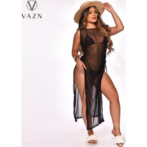 VAZN 2021 INS Beach Open Young Sexy Solid See Through Lace Tank Sleeve Maxi Dress 2 Piece Underwears Slim Women 3 Piece Set