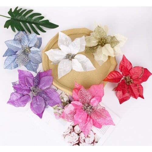 5Pcs Glitter Christmas Flower Artificial Flowers Merry Christmas Decorations For Home 2021 Xmas Tree Ornaments New Year Gift