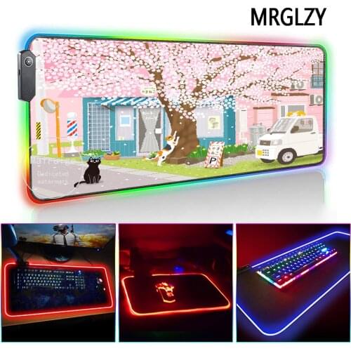MRGLZY LED Light RGB Pink Cherry Blossoms Large Mouse Pad Cute Cat XXL DeskMat Gaming Accessories for PC Laptop Keyboard MiceMat