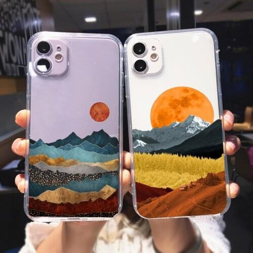 Hand Painted Scenery Landscape Phone Case For iPhone 11 12 Pro Max XR XS X 8 7 SE20 6Plus Transparent Soft Silicone Cover Fundas