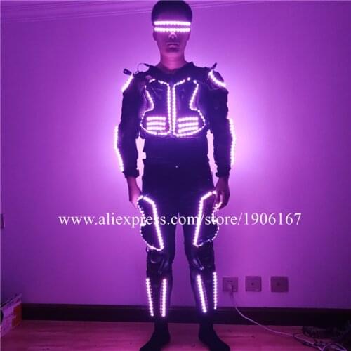 Colorful LED Growing Stage Performance Armor Robot Men Suit LED Luminous Flashing Party Glasses Clothes Led Light Up Dance Wear
