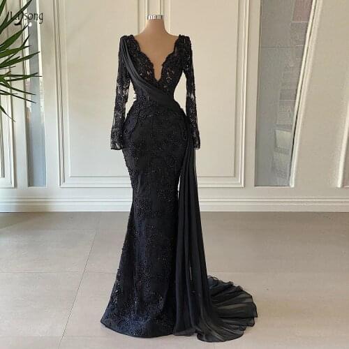Elegant Black Lace Mermaid Prom Dresses With See Thru Full Sleeves Luxury Beaded Pearls Long Prom Gowns Vintage Formal Dress