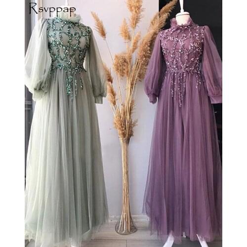 Elegant Muslim Long Sleeve Elegant Party Night Evening Dress Luxury Beaded Dubai Women Arabic Purple Evening Gowns For Women