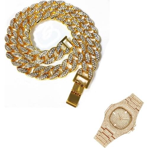 2pcs Kit Hip Hop15MM Iced Out Paved Rhinestones Miami Cuban Necklace+Watch Bracelet CZ Bling Rapper Necklaces For Man Jewelry