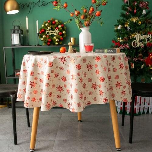 Red Bronzing Round Cotton Linen Tablecloth Snowflakes Elk Festival Party Dining Table Cloth Christmas Table Cover Mantel Mesa