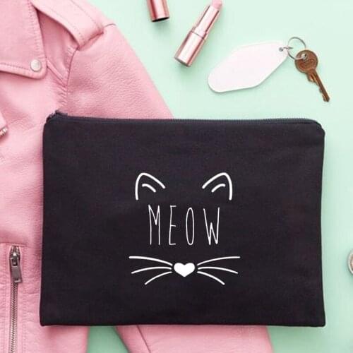 Hot Sale Cute Meow Print Women Makeup Bag Canvas Cosmetic Bags Fashion Kawaii Organizer Toiletry Bags Storage Travel Wash Pouch