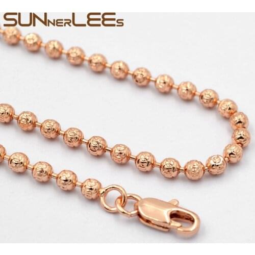 SUNNERLEES Fashion Jewelry Rose Gold Color Necklace 3mm Beads Link Chain Men Women Gift C77 N