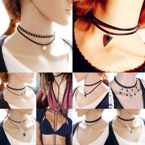 Fashion Black Punk Elastic Velvet Lace Collar Choker Necklace Riven Goth Pendant For Women Girl Jewelry Charm Gifts Necklaces