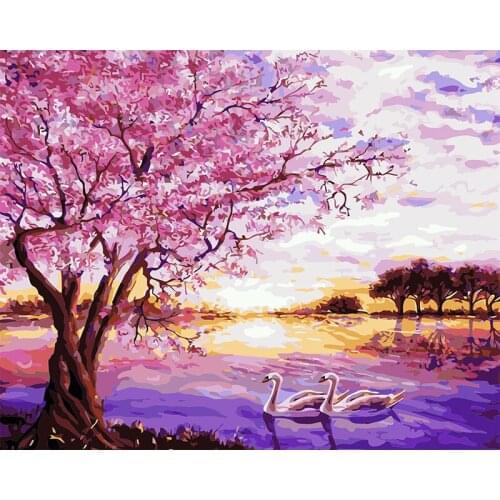 DIY Painting By Numbers Cherry Blossoms Landscape HandPainted Art Gift Scenery Canvas Drawing Home Decor 40x50cm Frame