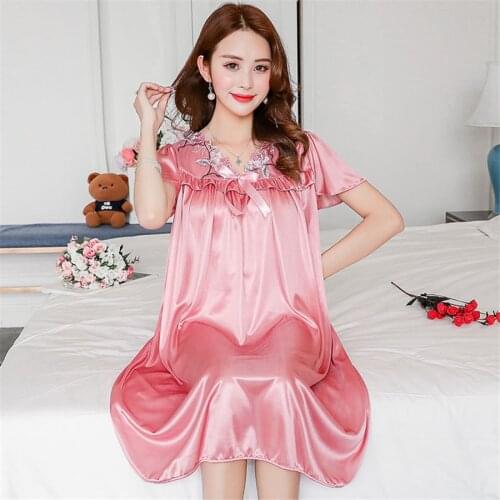 2019 NEW Summer Ice Silk Nightgown Female Home Service Loose Plus size Comfort Imitation Silk Sexy Pregnant Woman Nightdress
