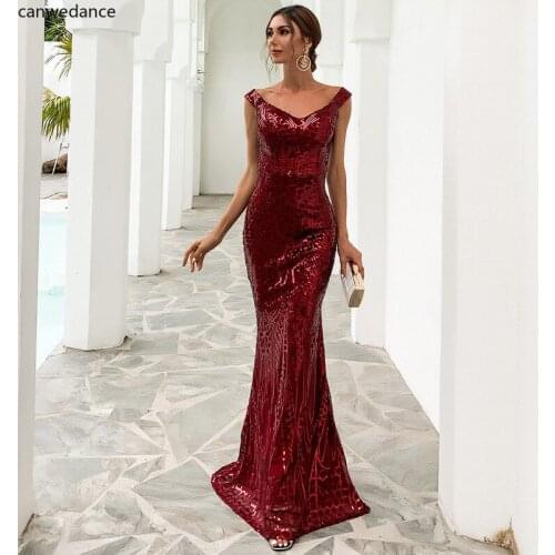 Off The Shoulder Padded Burgundy Black Sequined Dress Backless Floor Length Lining Stretchy Maxi Dresses