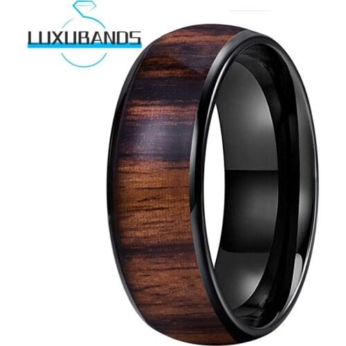8MM Black Wedding Rings For Mens Real Wood Inlay Engagement Bands Polished Finished Comfort Fit