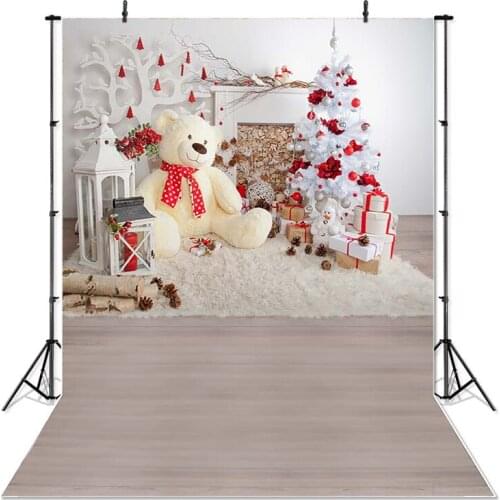 Christmas Photography Background Christmas Tree Gift Bear Doll Wooden Floor Backdrop Party Decoration Banner For Photo Studio